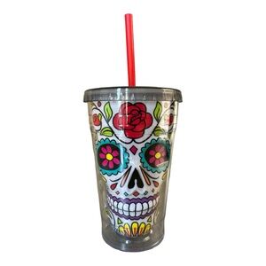 White Sugar Skull Design Tumblers with Twist Off Lid and Straw NEW